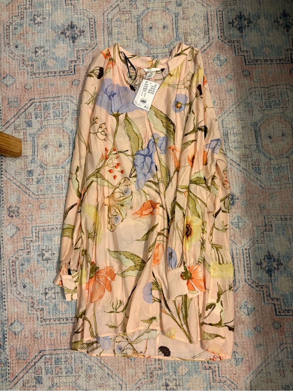 H&MFloral Long Sleeve Tunic Dress - Pastel Pink with Multicolor Blooms
